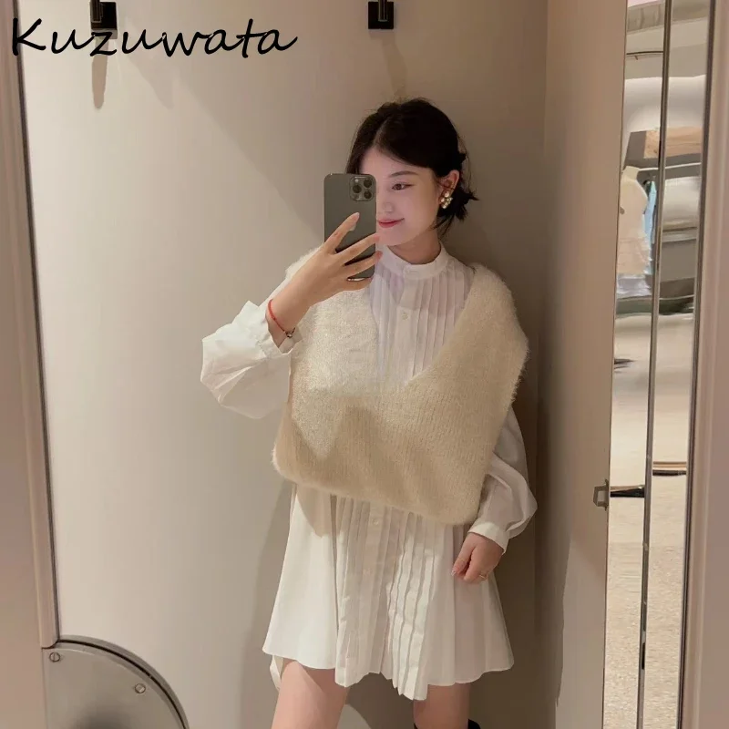 Kuzuwata Sweet Elegant V Neck Knit Sets Vest+lantern Sleeve Single Breasted Ruched Solid Blouses Japan Moda Casual Suit Blusas