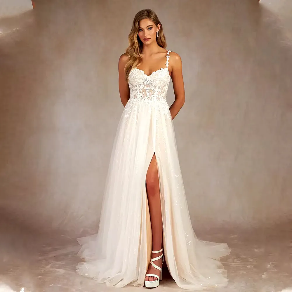 Abiti da sposa bianchi con illusione trasparente Collo alto senza maniche Abiti in tulle Abiti da sposa con applicazioni in pizzo Vestido De Noival su misura