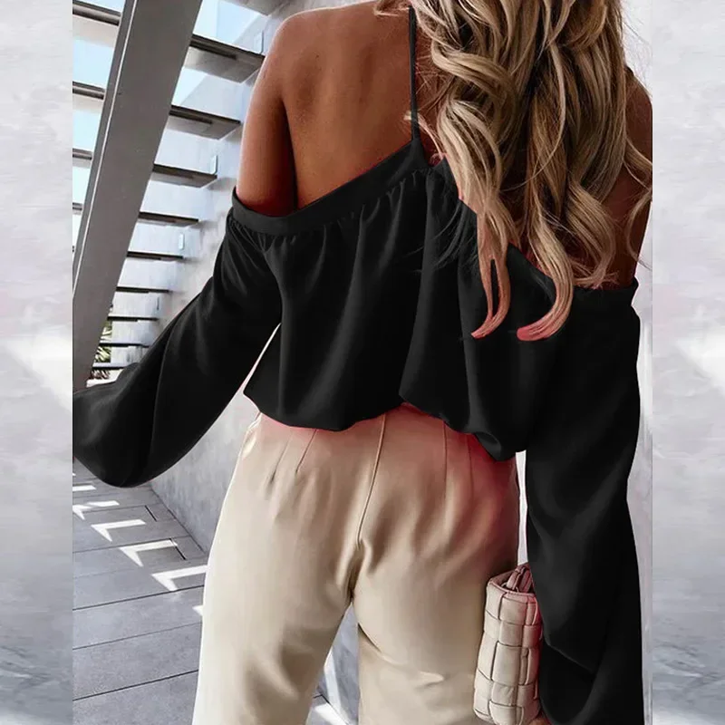 Off-shoulder Women's T-shirt Elegant Solid Long-sleeved Halter Top Pullover  New Sexy Spring Casual Ladies Hollow T-shirt