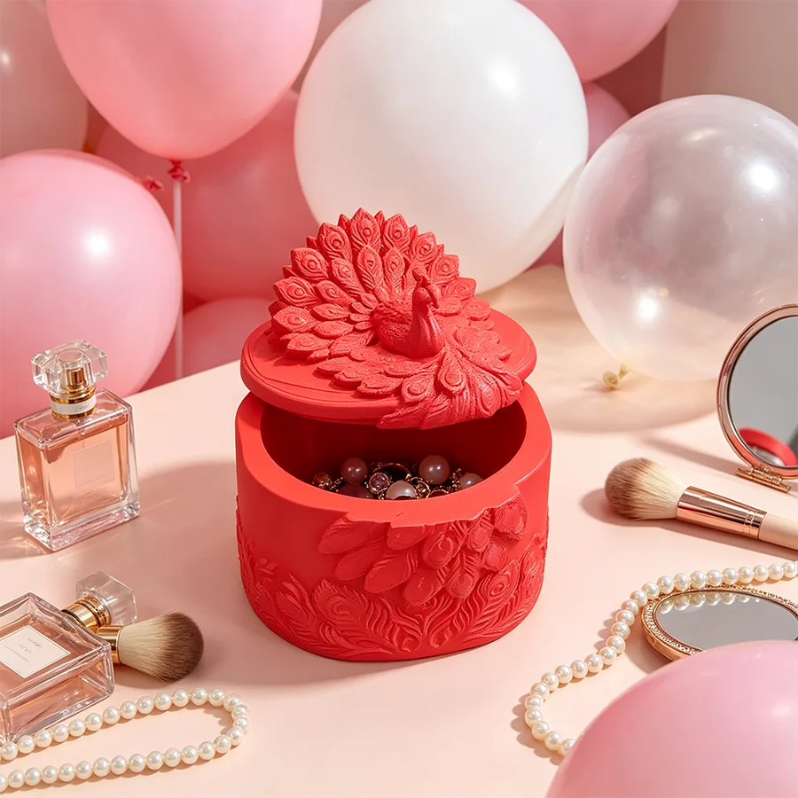 Bohemian Style Red Peacock Embossed Storage Jar with Lid, Luxurious Vanity Jewelry Storage Box, Three-Dimensional Peacock Design, Vintage and Eye-Catching, High Visibility, Can Hold Jewelry, Hair Accessories, and Delicate Small Items, Suitable for Dressing Tables and Bedroom Desktops, Combines Storage Function and Decorative Effect, High Aesthetic Value, Vintage Desktop Decoration, Commemorative Collection Box, Suitable for Bohemian Retro Home Decor, Easily Creates an Exotic Atmosphere on the Desktop