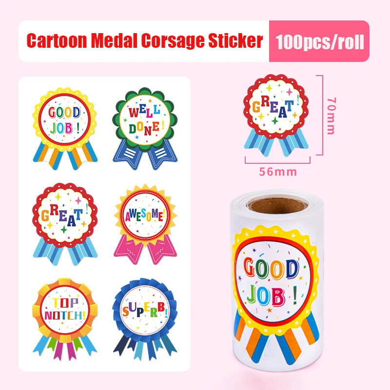 100-200pcs Cartoon Children\'s Medal Reward Stickers Cute Badge Sticker for School Teacher Encourage Kids Stickers Adhesive Label