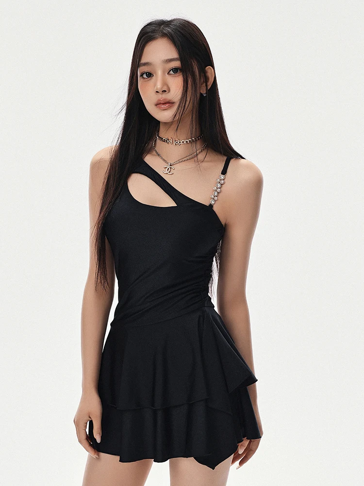 

Новый женский слитный купальник для похудения с юбкой и цепочкой из страз, консервативный, для термальных источников, повседневный