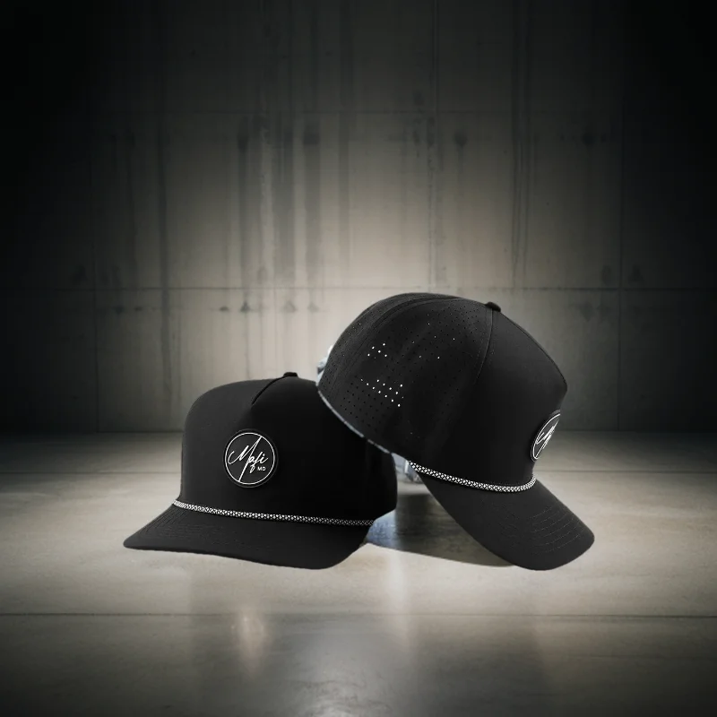 

BSCI Wholesale High Quality Laser Hole Rope Cap Custom 5 Panel Applique Pvc Patch Logo Polyester Rope Black Baseball Hat
