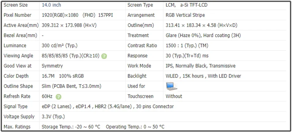 LP140WFF-SPC1 LP140WFF SPC1 14 inch LCD Screen IPS Panel Slim FHD 1920x1080 157PPI EDP 30pins 60Hz Non-touch 100% sRGB 300 cd/m²