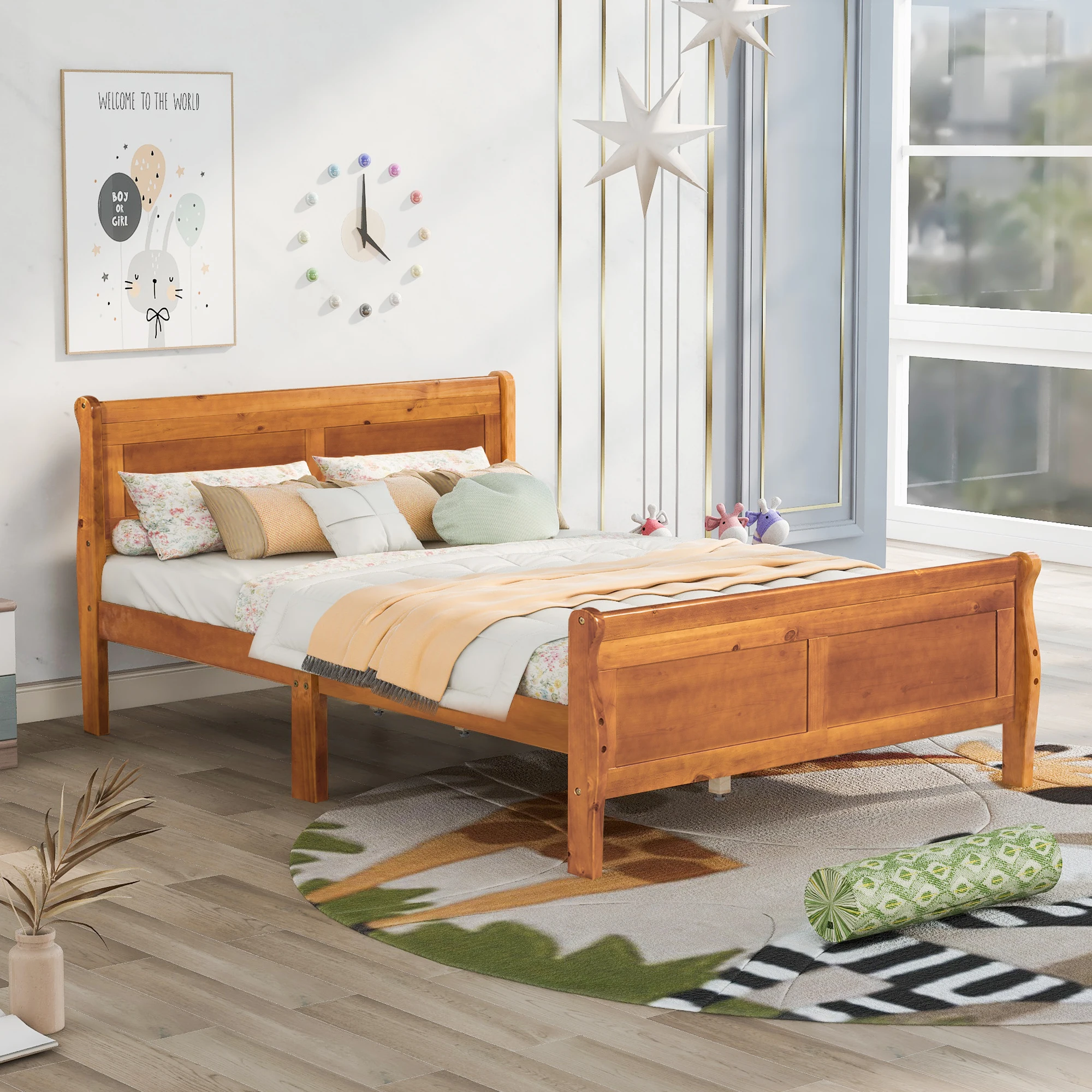 Queen Upholstered Platform Bed Frame, Non-Adjustable Linen Headboard, Wooden Slats, Light Gray 63.70x81x38.50 in.