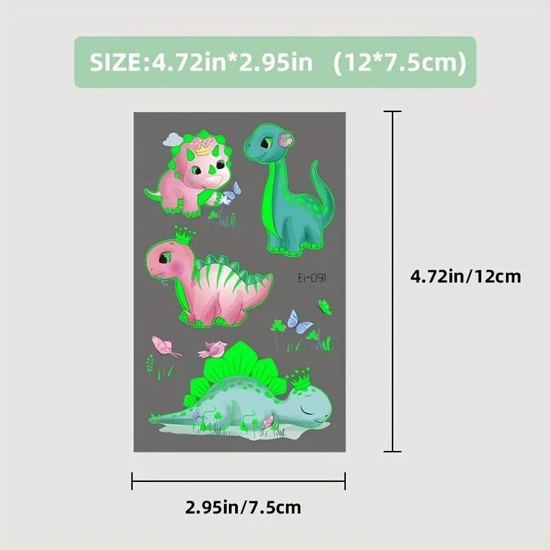 12 Sheets Luminous Dinosaur Temporary Tattoos For Boys Cute Cartoon Dino Tattoo Stickers Glowing Body Art Waterproof Fake Tattoo