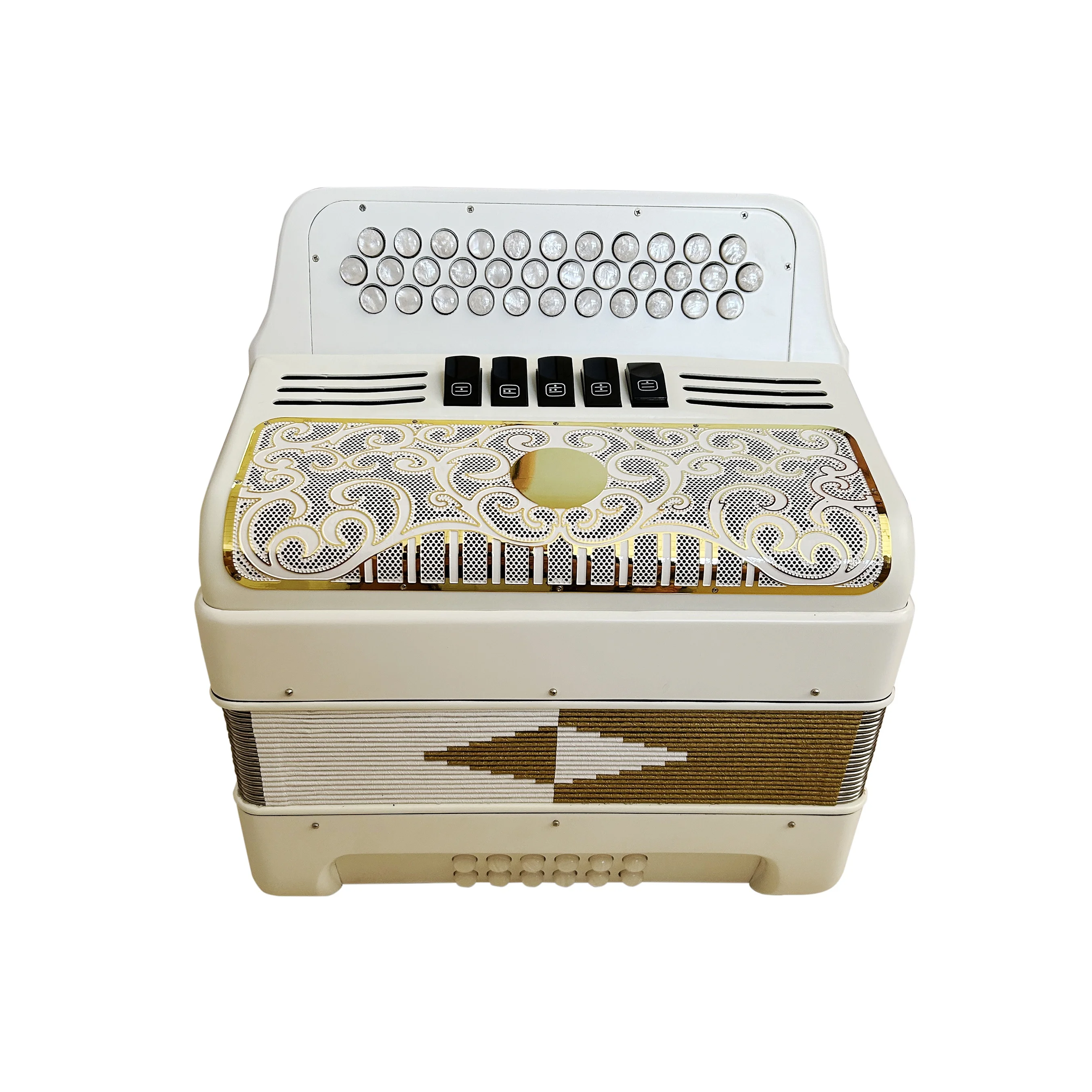 

Professional Accordion Instrument 34 Buttons 12 Bass 5 Registers Matt White Body White Gold Grill White Buttons JB3412D