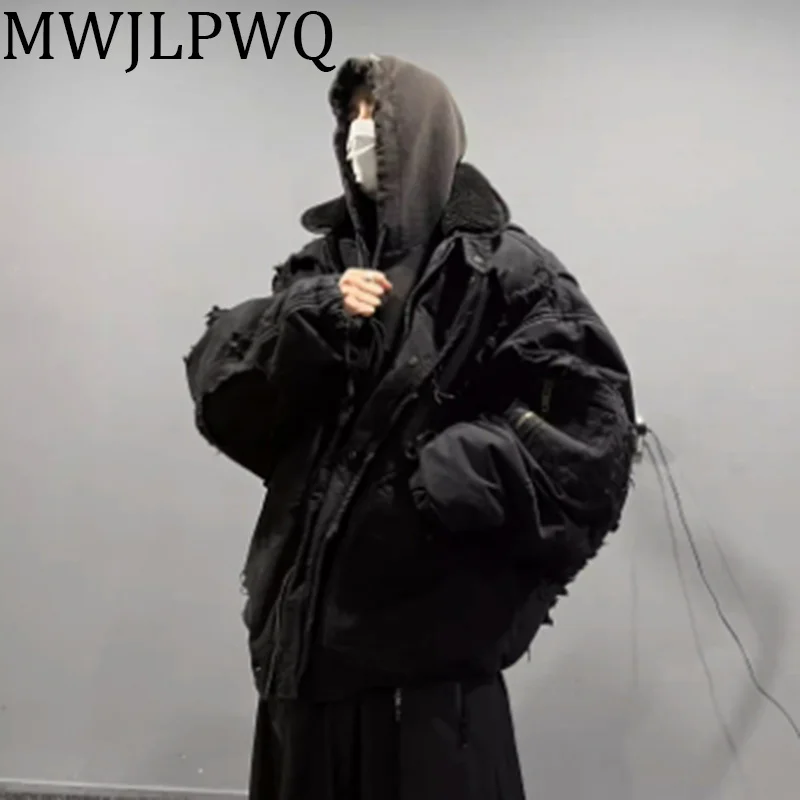 MWJLPWQ Fake Two Pieces Retro Distressed Hooded Cotton Jacket Men's New High Street Zipper Washed Hiphop Padded Winter 010528