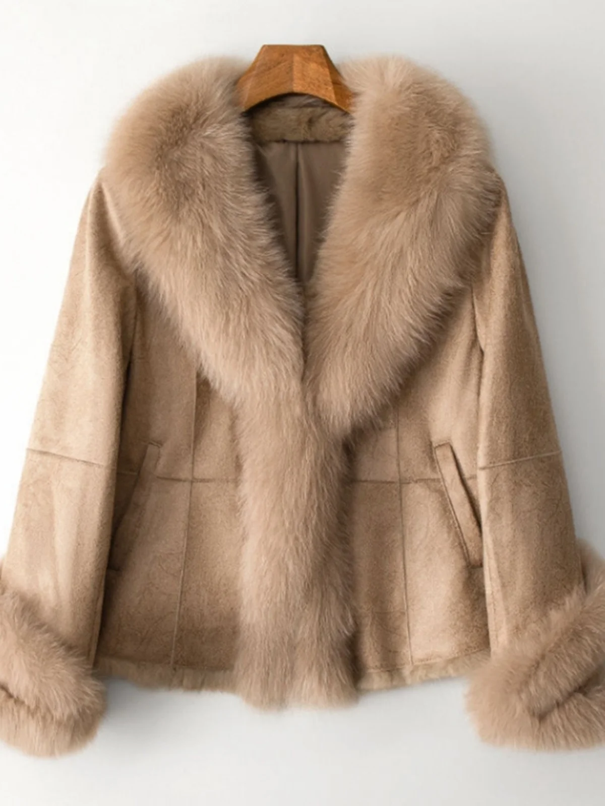 

2023 New Sle Rabbit Fur ort Coat Women's Slim Fit Jaet Fur Collar Faionable Real Hair Leather Trendy Zipper V-Ne