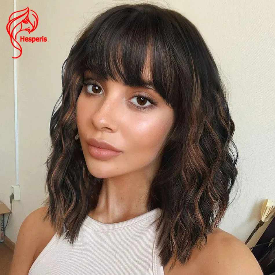 

Hesperis Fringe Bob Human Hair Wig Wavy Brazilian Remy None Lace Full Machine Made Wig With Bangs Wear And Go Highlight Bob Wig