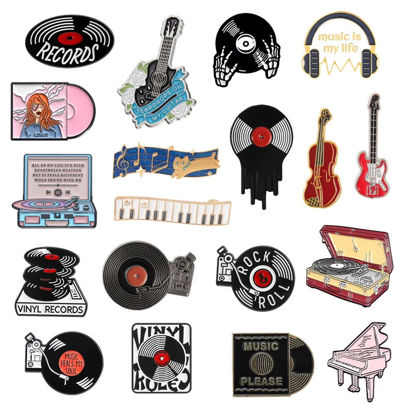 Musical Instrument-Shaped Music Commemorative Brooches Cartoon Vinyl Record Series Alloy Badges Clothing Accessories Pins Gifts