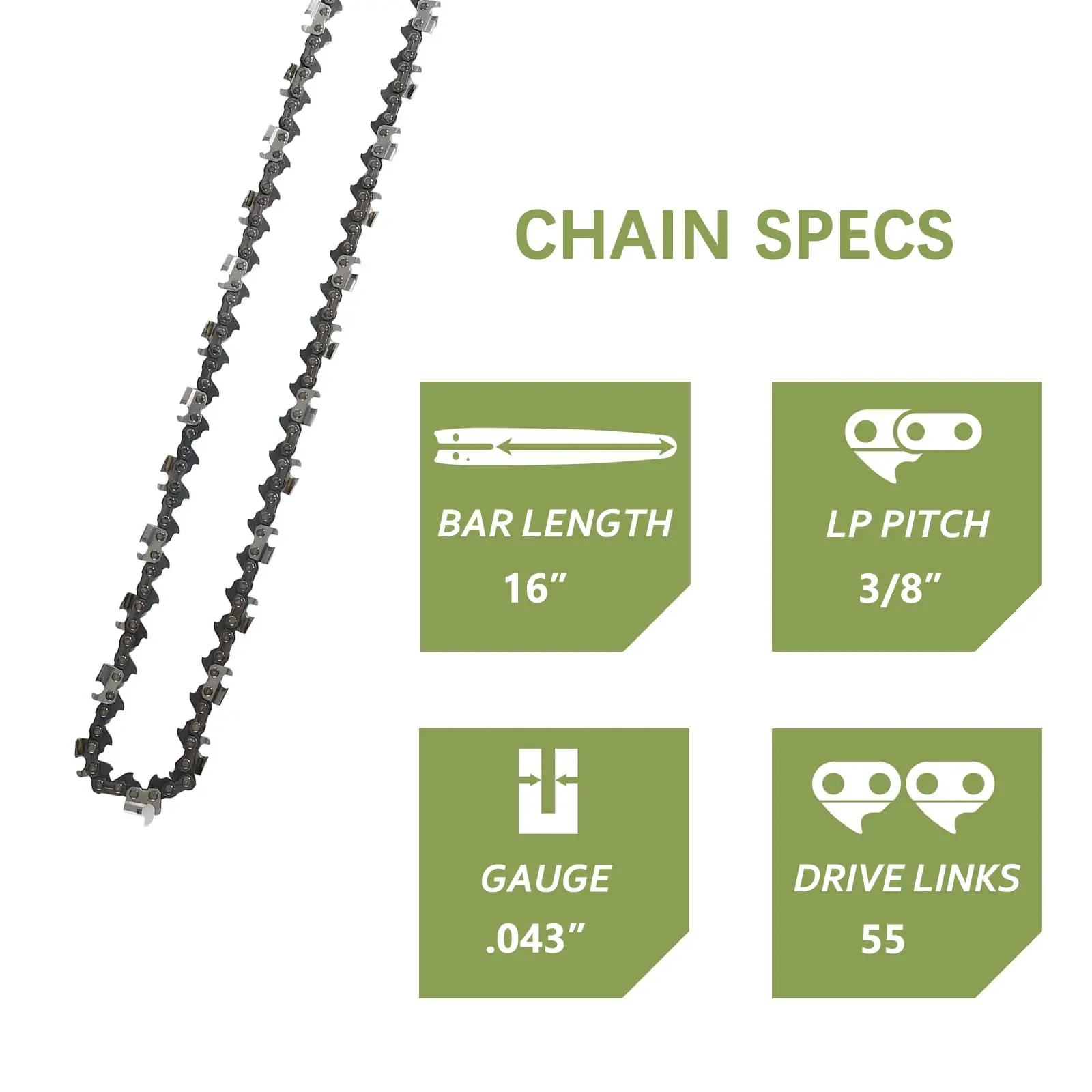 16 Zoll Sägekette 3/8' LP Teilung 043' (1,1 mm) Stärke für 16' (40cm) Schwert 55 Antriebsglieder Ersatz-Sägekette – Detail 2