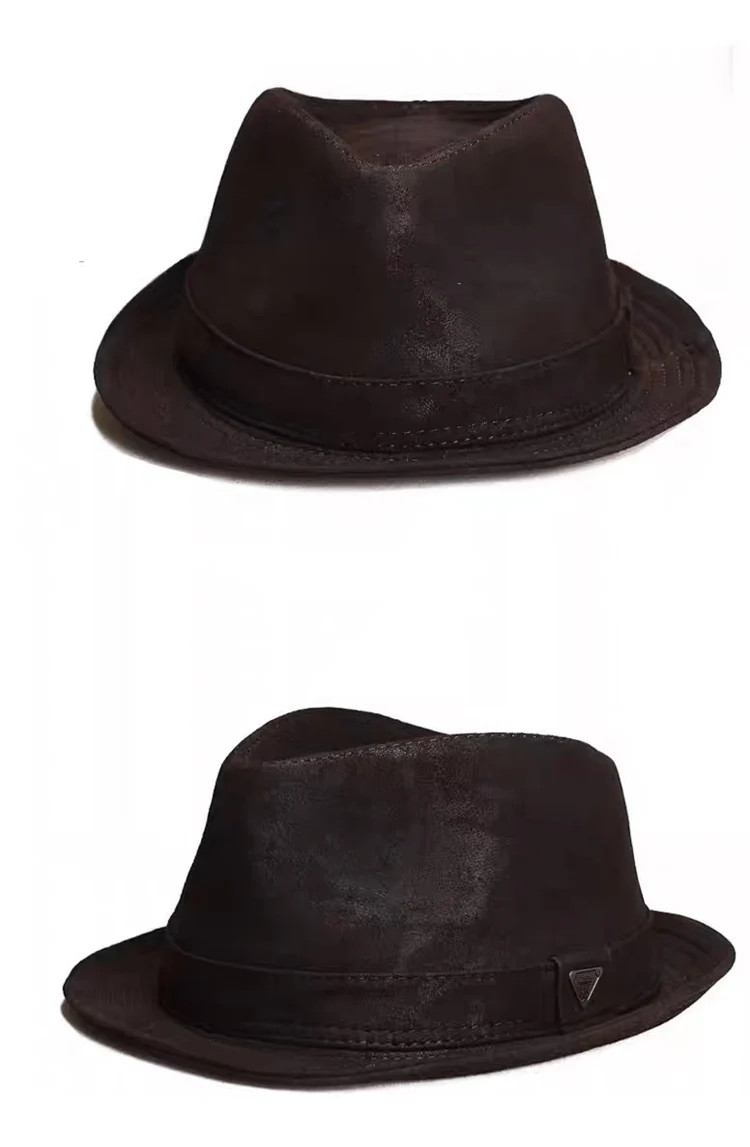 New Man High Quality Genuine Leather Cowhide Formal hat Gentleman Cow Skin Short Brim Black/Brown Top Hat Male Shows Gentleman