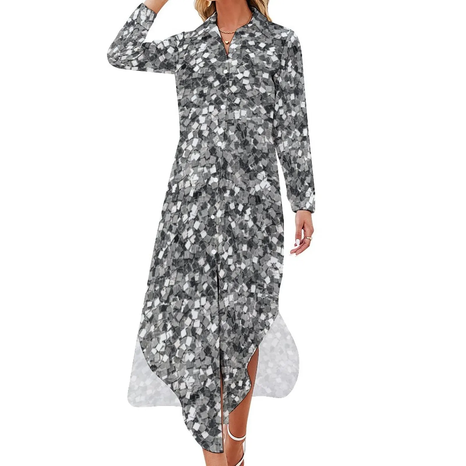 

Silver Party Confetti Long Sleeved Shirt Dress Evening gown dresses women summer 2024