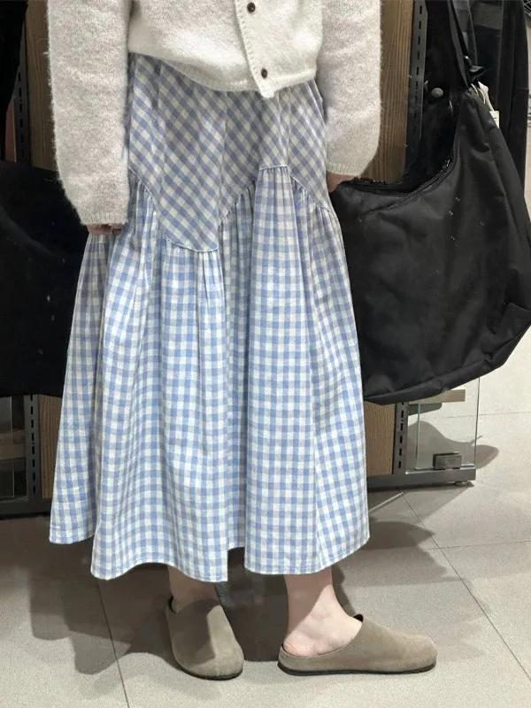 Falda acampanada de talla grande, falda Midi a cuadros de retales de cintura alta, oculta la cadera para el cuerpo de pera, Faion de viaje coreano Sle