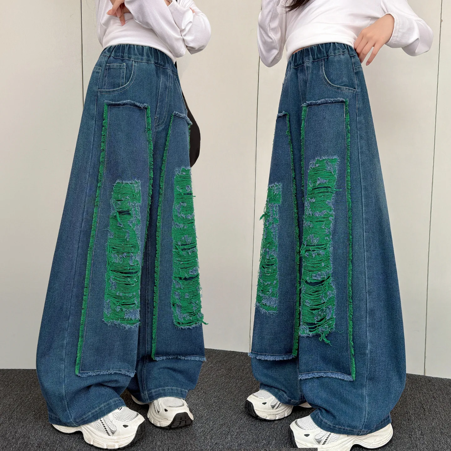 American Style Girls Street Curved Jeans with Broken Holes Hiphop Design Jazz Kids Denim Pants Child Straight Fit Ripped Trouser