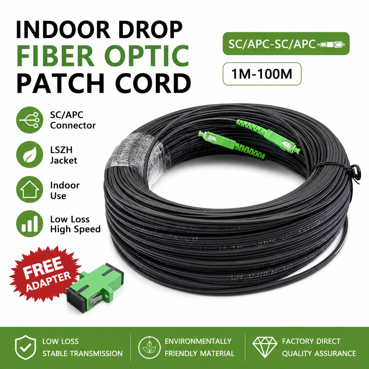 Indoor Drop Cable SC/APC Fiber Optic Patch Cord Single Mode Simplex Optical Fiber Cable With Black Wire 1M-100M Wholesale