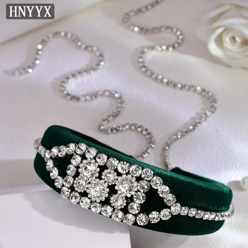 

HNYYX Women's Luxury Crystal Headband Baroque Rhinestone Hair Accessories Green Sponge Thick Wide Headband Bridal Headpiece A236