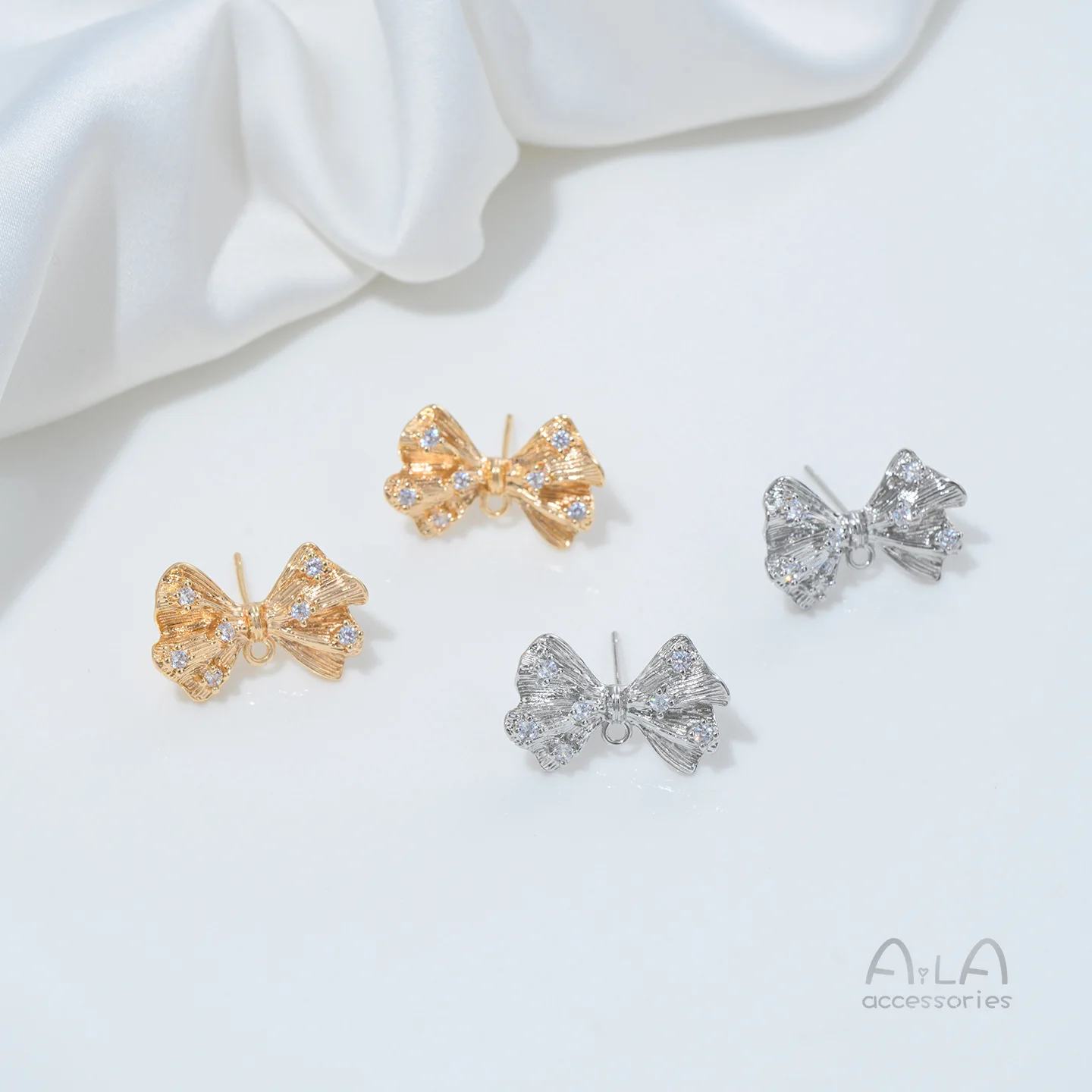 Copper Plated 14K Gold Niche Design Feeling Pleated Bow Zircon Stud Earrings Handmade DIY Fashion Temperament Earrings