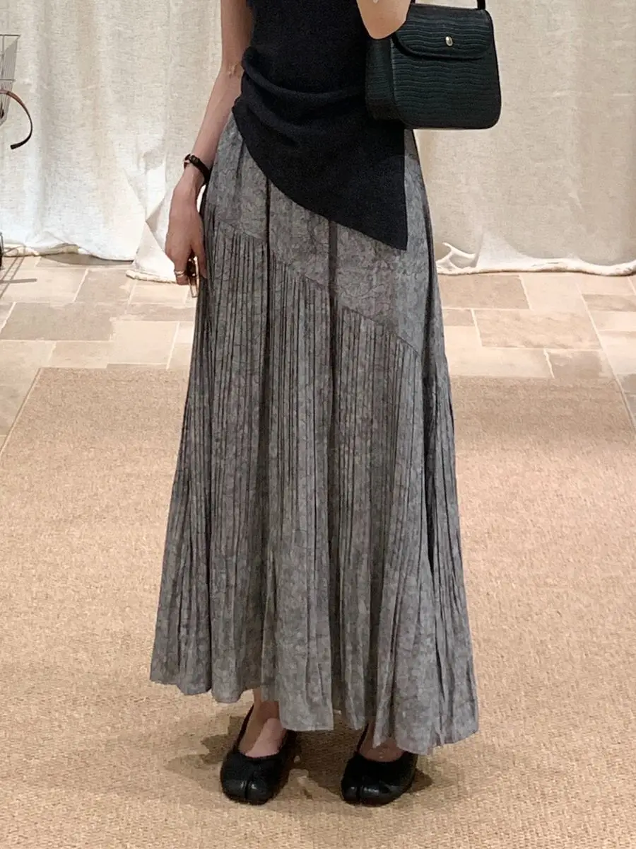 Wedbleser Woman Retro Design Pleated Skirt Slightly Chubb Slimming Half Elastic High Waist Loose Commuting Long Skirts Trendy