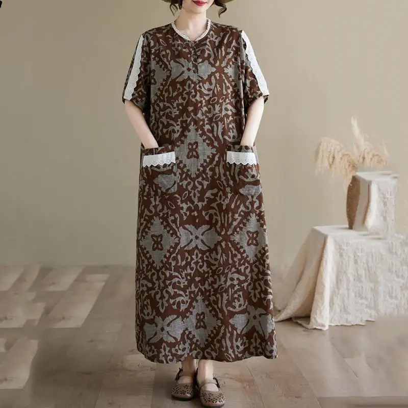 Abiti lunghi larghi midi floreali vintage in lino di cotone taglie forti a maniche corte con tasca Abito estivo ampio da donna coreano giapponese Mori