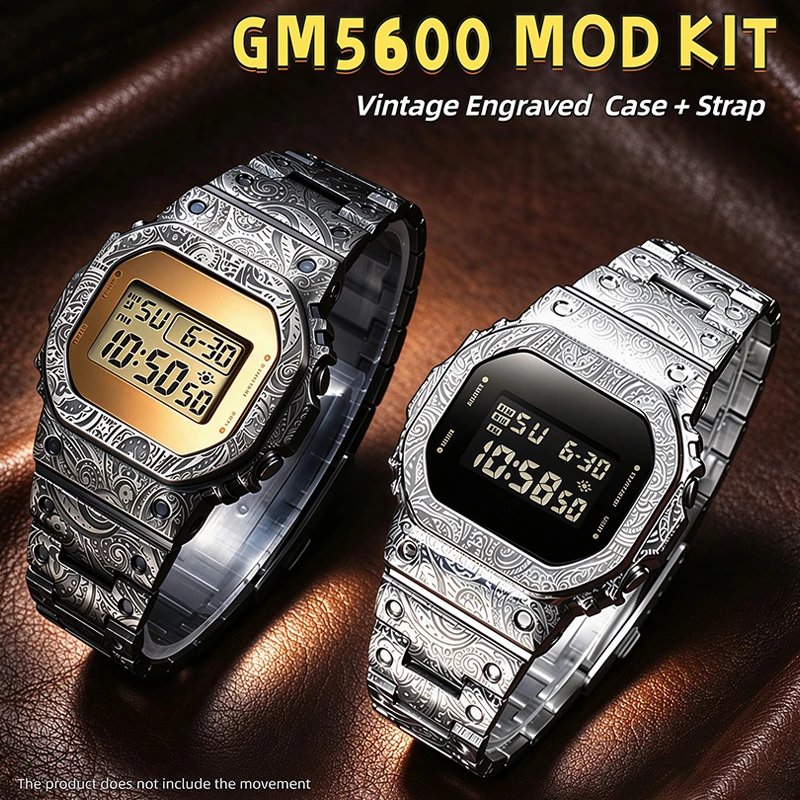 GM5600 Mod Kit Stainless Steel Case & Strap For Casio 3229 GM-5600 M5600B/G/M/U/UB Retro Engraved Metal Replacement Accessories