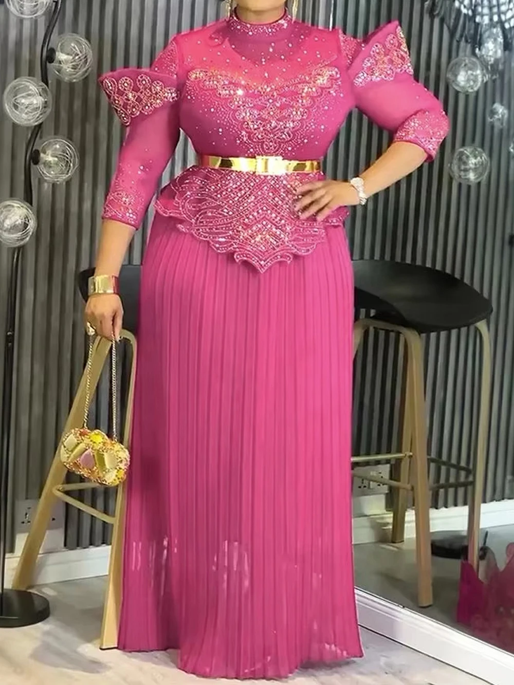 

2026 African Dresses For Women Ankara Dashiki Diamond Long Dress Dubai Turkey Pleated Maxi Robes Wedding Party Birthday Clothing