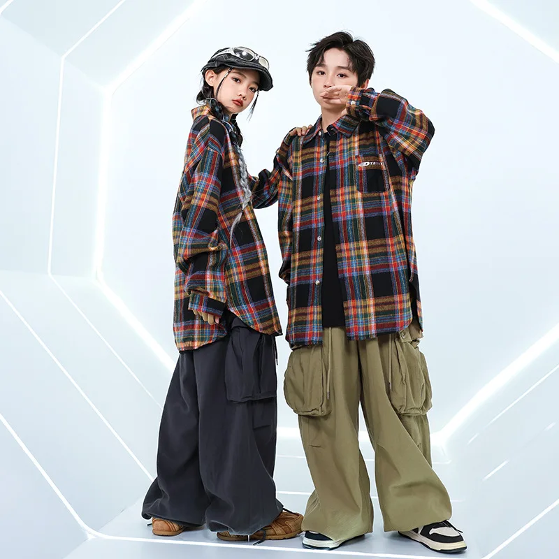 Costume Hip Hop pour garçons, chemise à carreaux à rayures, pantalon Cargo kaki/gris pour filles, danse de rue, vêtements de Jazz pour enfants, ensembles Streetwear pour enfants