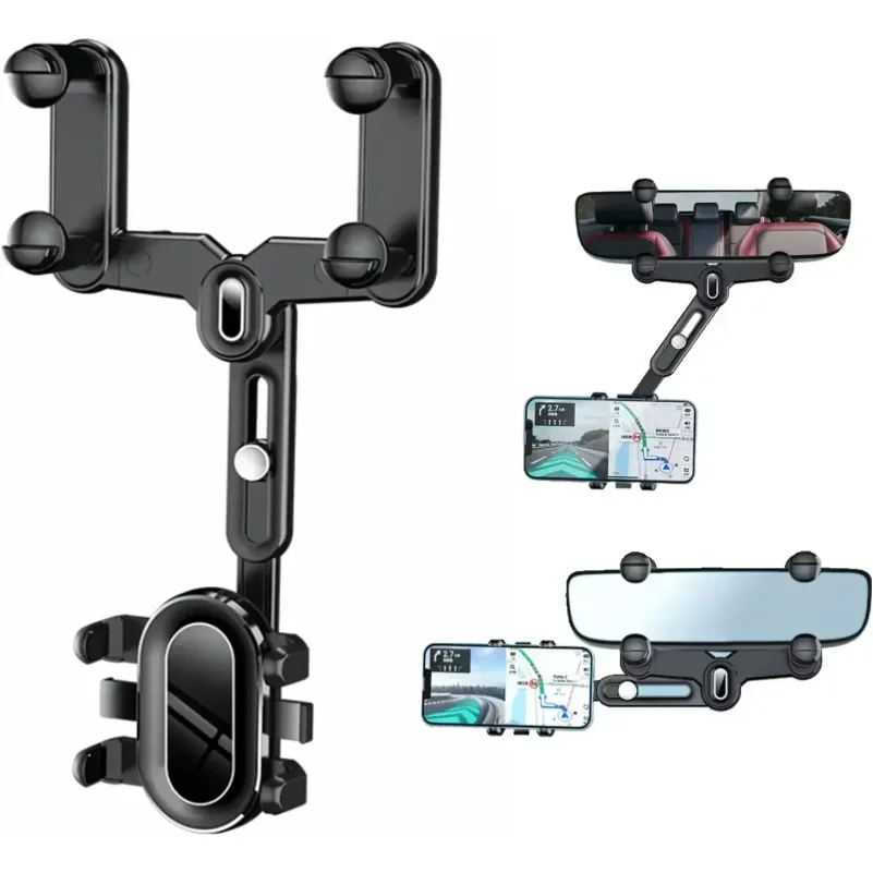 360° Car Rearview Mirror Mobile Phone Holder For Car Rotation & Adjustable Telescopic Multifunctional Phone Car Bracket Stands