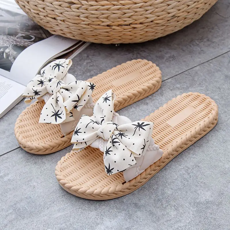 Women Slippers Summer New  Home Women Bow Linen Fashion Linen Flip Flop Bohemian Beach Home Thick Soled Wear Resistant Slippers