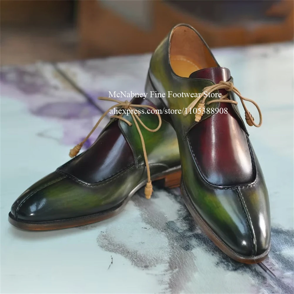 

Burgundy Green Leather Brogue Derbys Shoes Lace up Cap Toe Oxfords Men Dress Shoes for Formal Business Wedding Custom Color