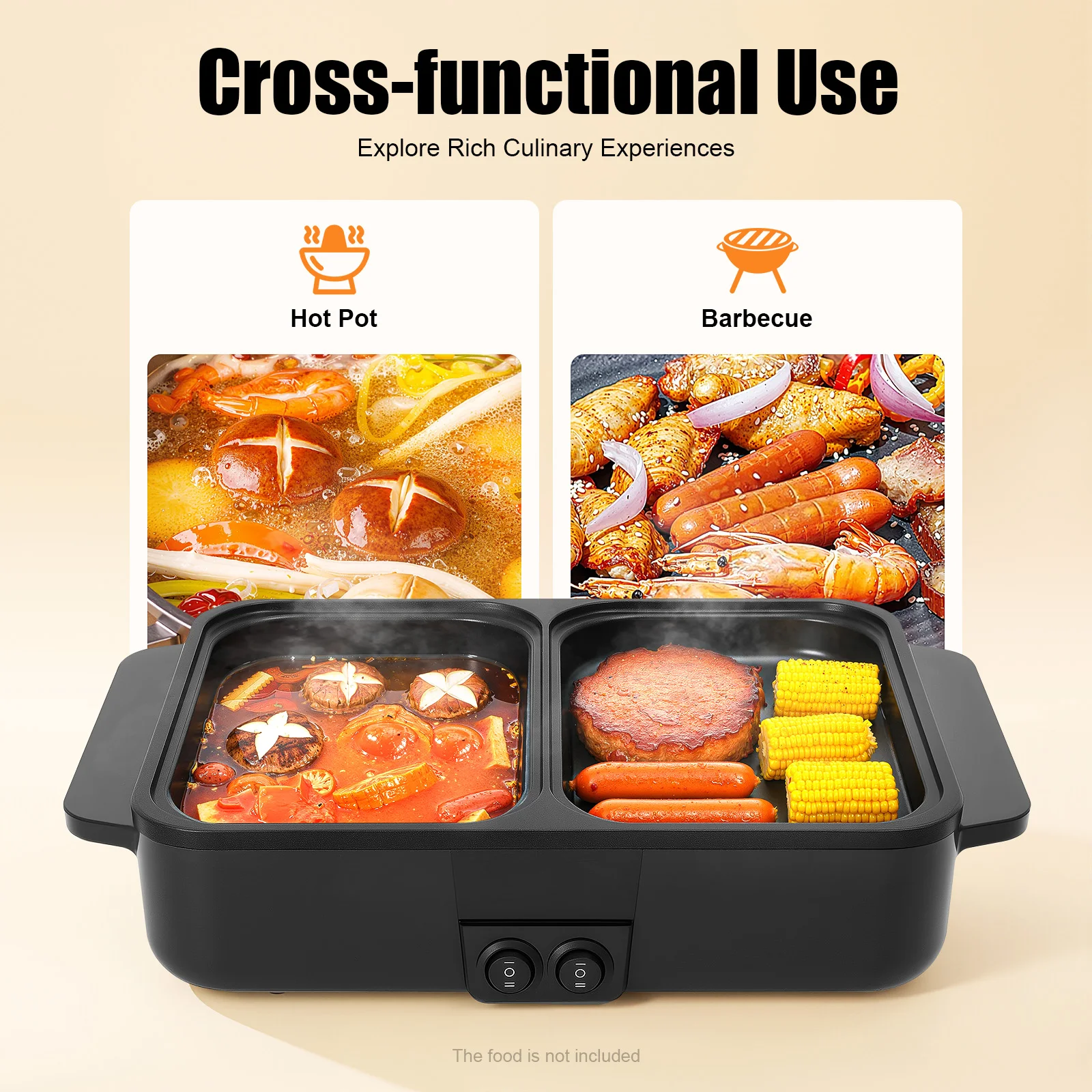 110V US Plug 2 in 1 Electric Hot Pot & Grill Pan Dual Independent Temperature Control Non-Stick Coating 1200W Tabletop Shabu Shabu BBQ Cooker view 3