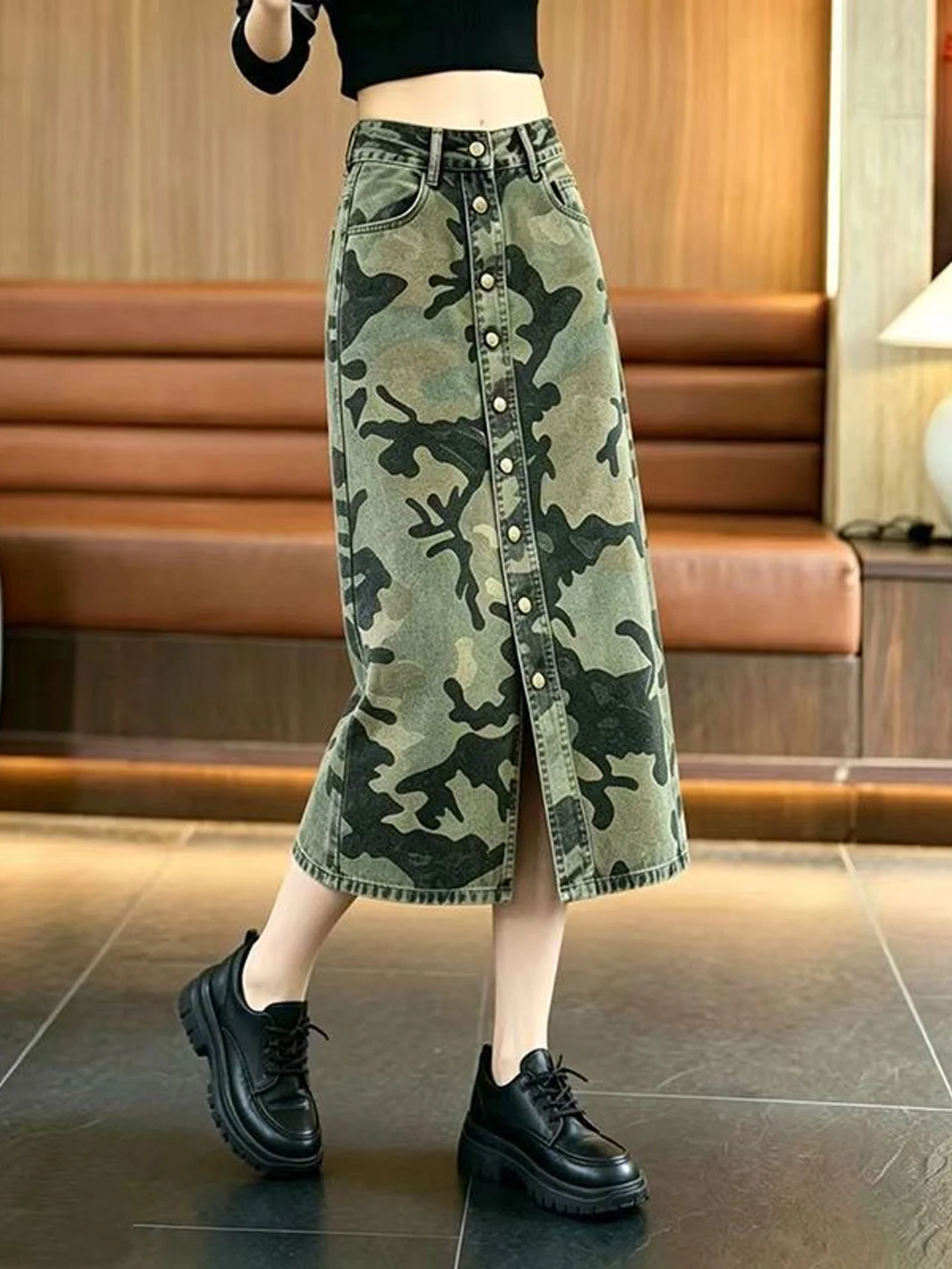 High Waist Slimming Mid-Length Denim Skirt for Women Spring Autumn Fashionable Button Detail Split Casual Straight Cut Skirt