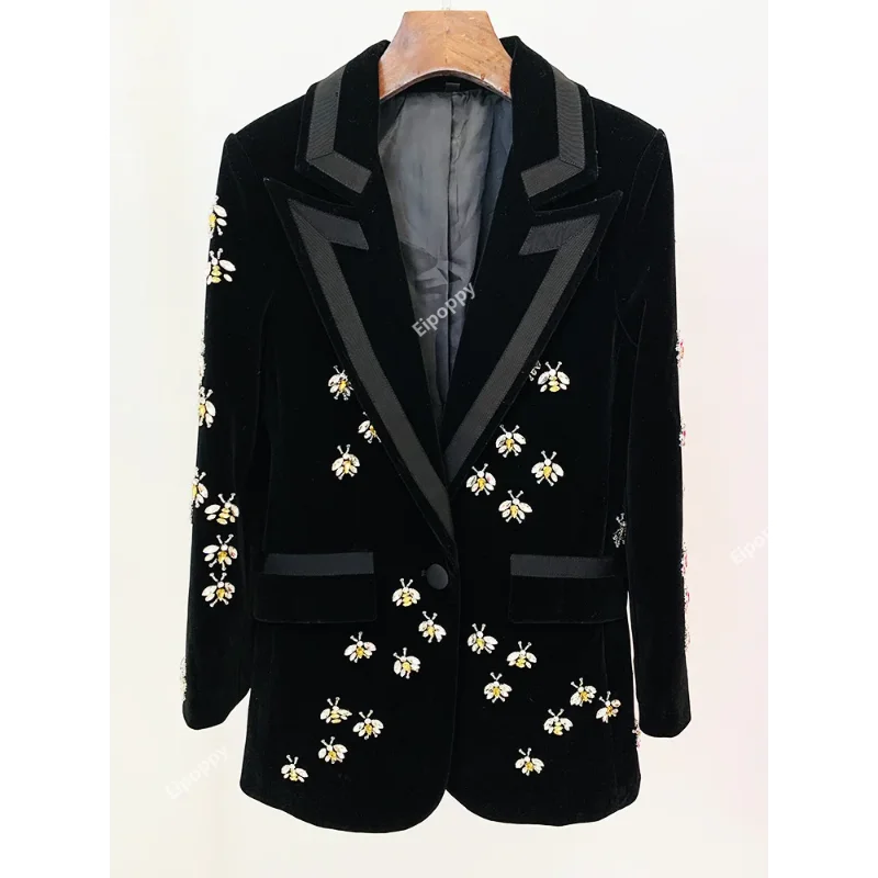 Black Velvet Blazer WomenDiamond Studded Pearl Bee Jacket for Party Wedding Wear Slim Fit Bee Diamond Studded Velvet Suits Coat