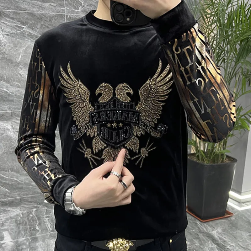 Luxury Winter Men\'s Golden Velvet Sweater Long Sleeve Round Neck Basecoat Light  European Hot Diamond Personalized T-shirt