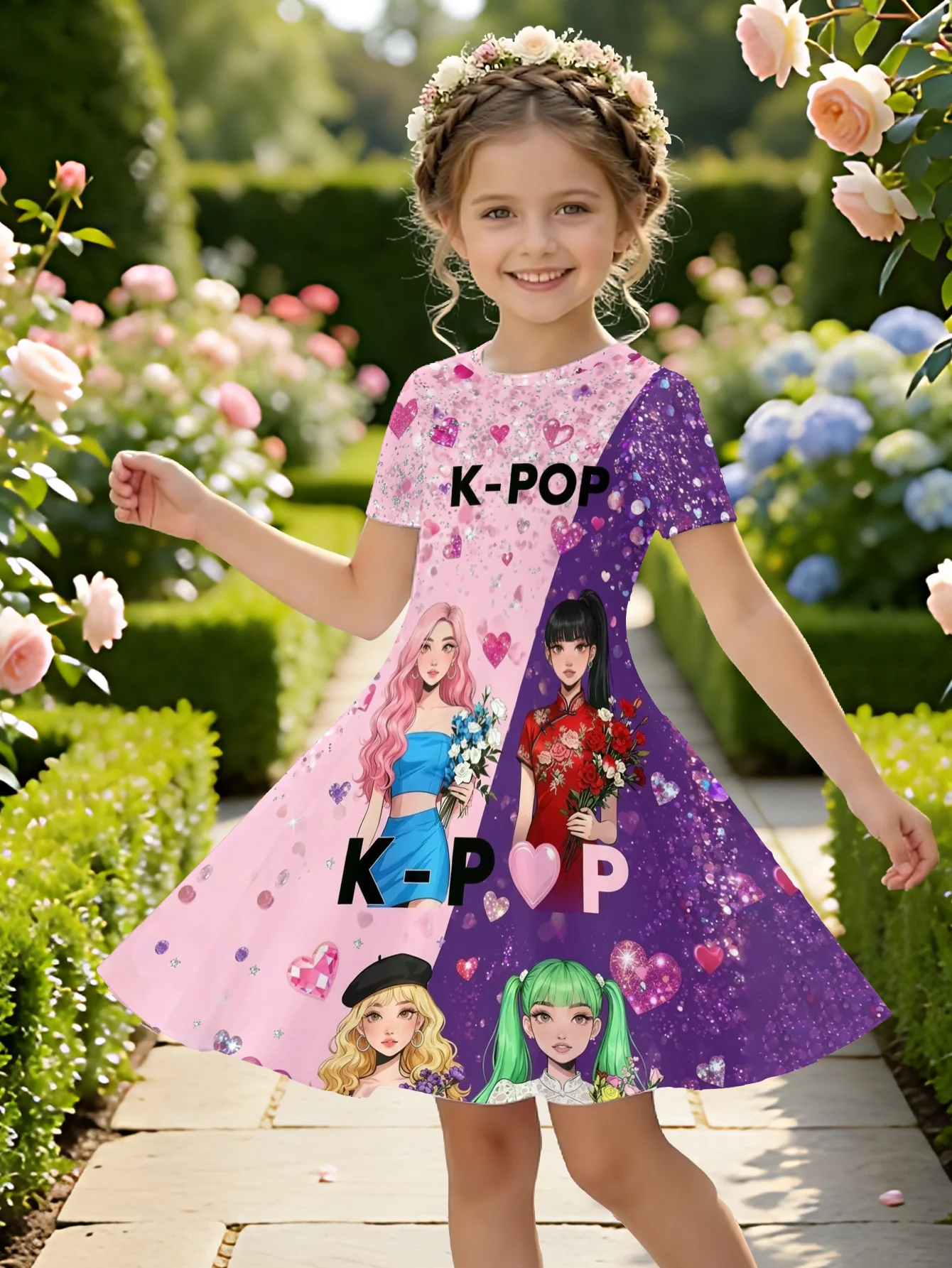 Girls Pink Purple celebrity Star Print Dress, Short Sleeve Anime Idol Pattern Skirt, Children Casual Birthday Outfit