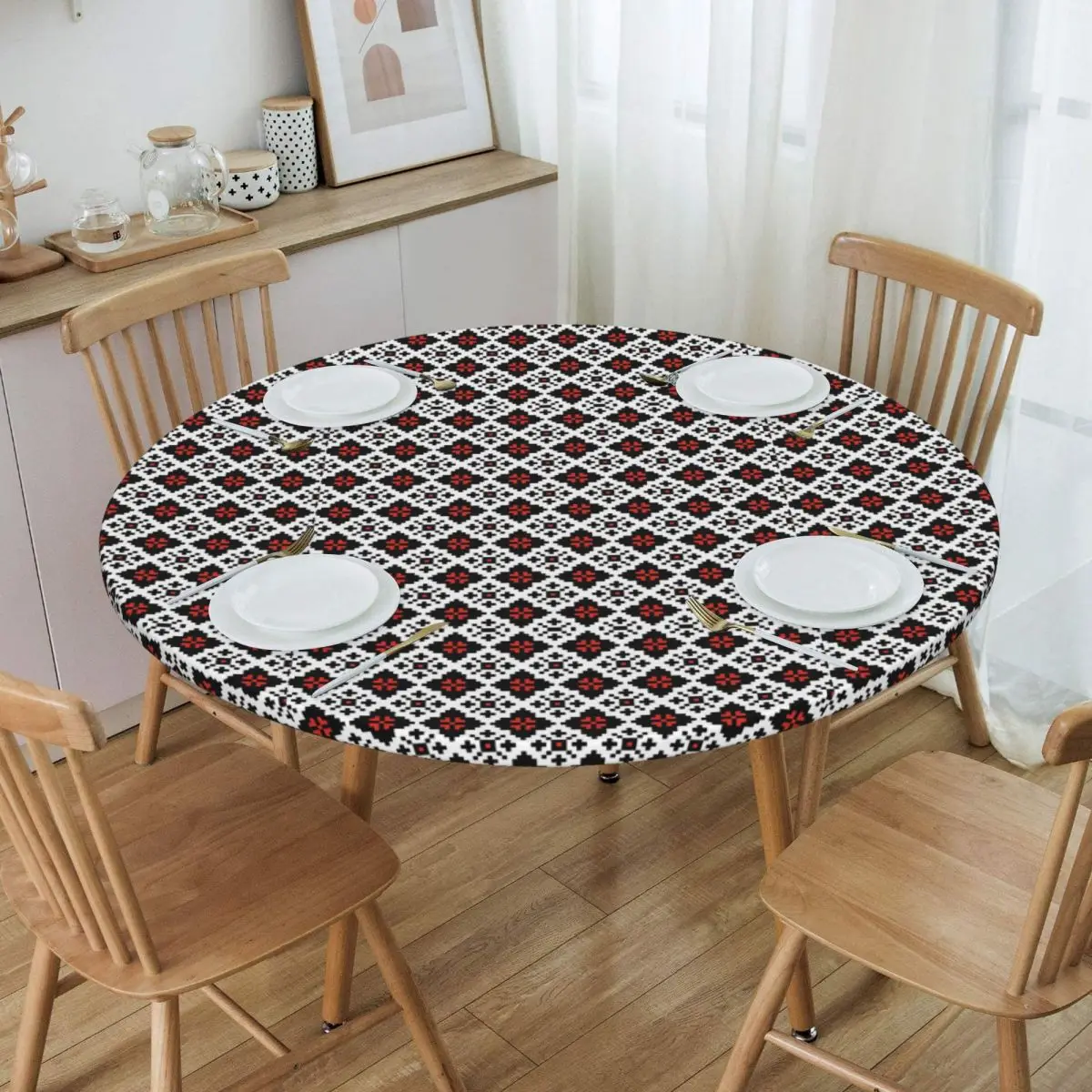 Round Oil-Proof Ukrainian Embroidery Tablecloth Backing Elastic Edge Table Cover 40