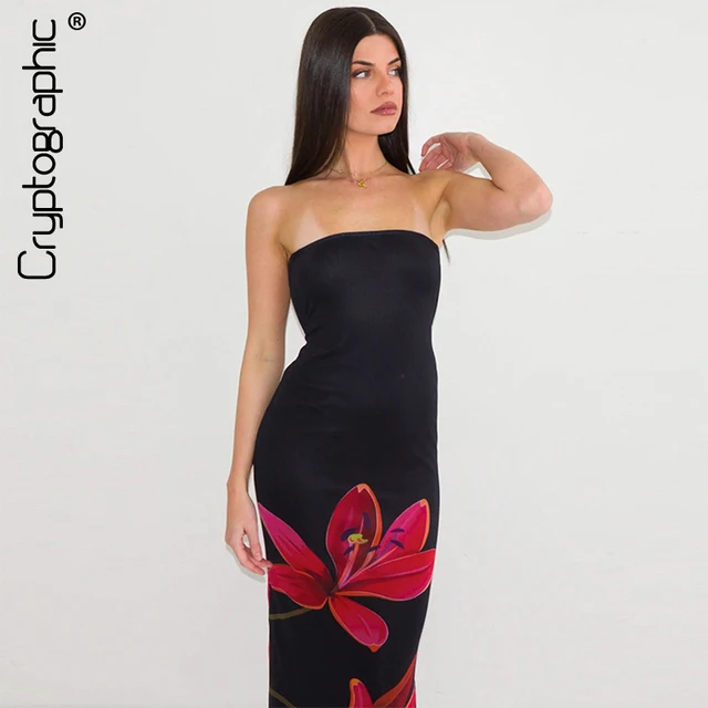 Kryptograficzna elegancka sukienka Maxi z odkrytymi ramionami w kwiaty stroje klubowe urodzinowe dla kobiet Bodycon bez rękawów wiązanie z tyłu sukienki szaty