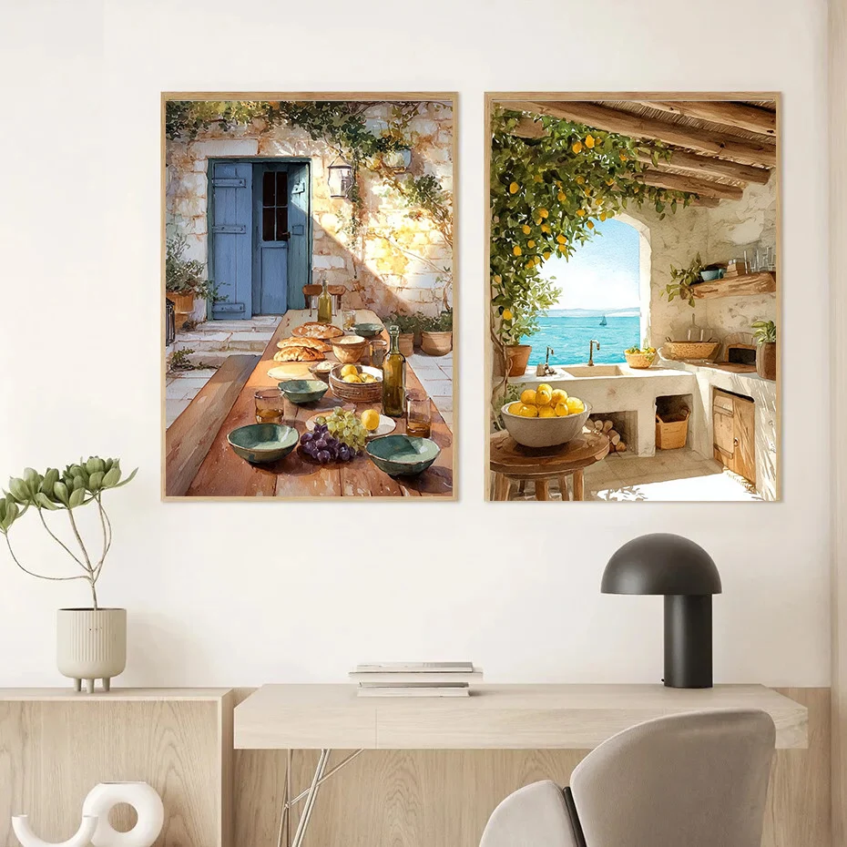 Modern Mediterranean Rustic Sunlit Spanish Courtyard Poster - Unframed Orange Tree Balcony Poster for Living Room Kitchen Decor