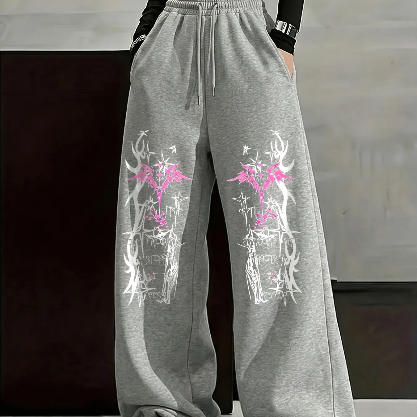 Unisex Straight Quick Dry Pants 3D Gothic Pink Angel Cross Print Elastic Drawstring Waist Y2K Punk Street Hip Hop Long Trousers