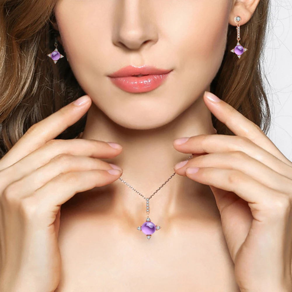 LAMOON Natrual Amethyst Jewelry Set For Women Cross Star 925 Sterling Silver Jewelry Rose Gold Plated Necklace Earring Set V009