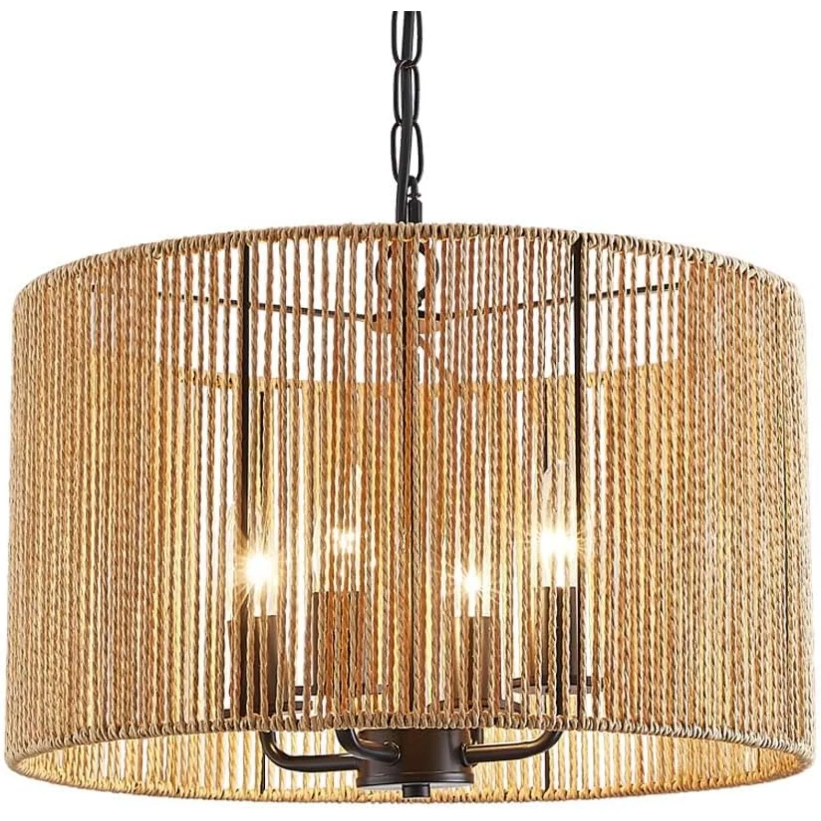 

US Rattan Wicker Drum Chandelier Light Fixtures,4 Light Boho Pendant Light Farmhouse Rustic Hand Woven Lighting for Dining Room