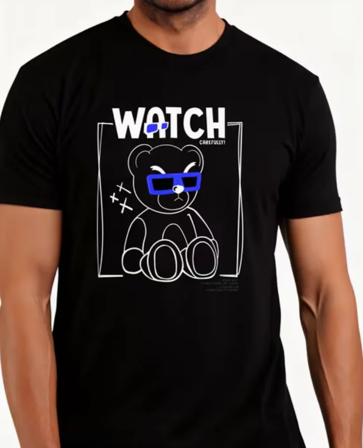 Casual Style Men'S T-Shirt Bear with Glasses Watch Carefully Graphic Summer Wear Gift for Him T-Shirt