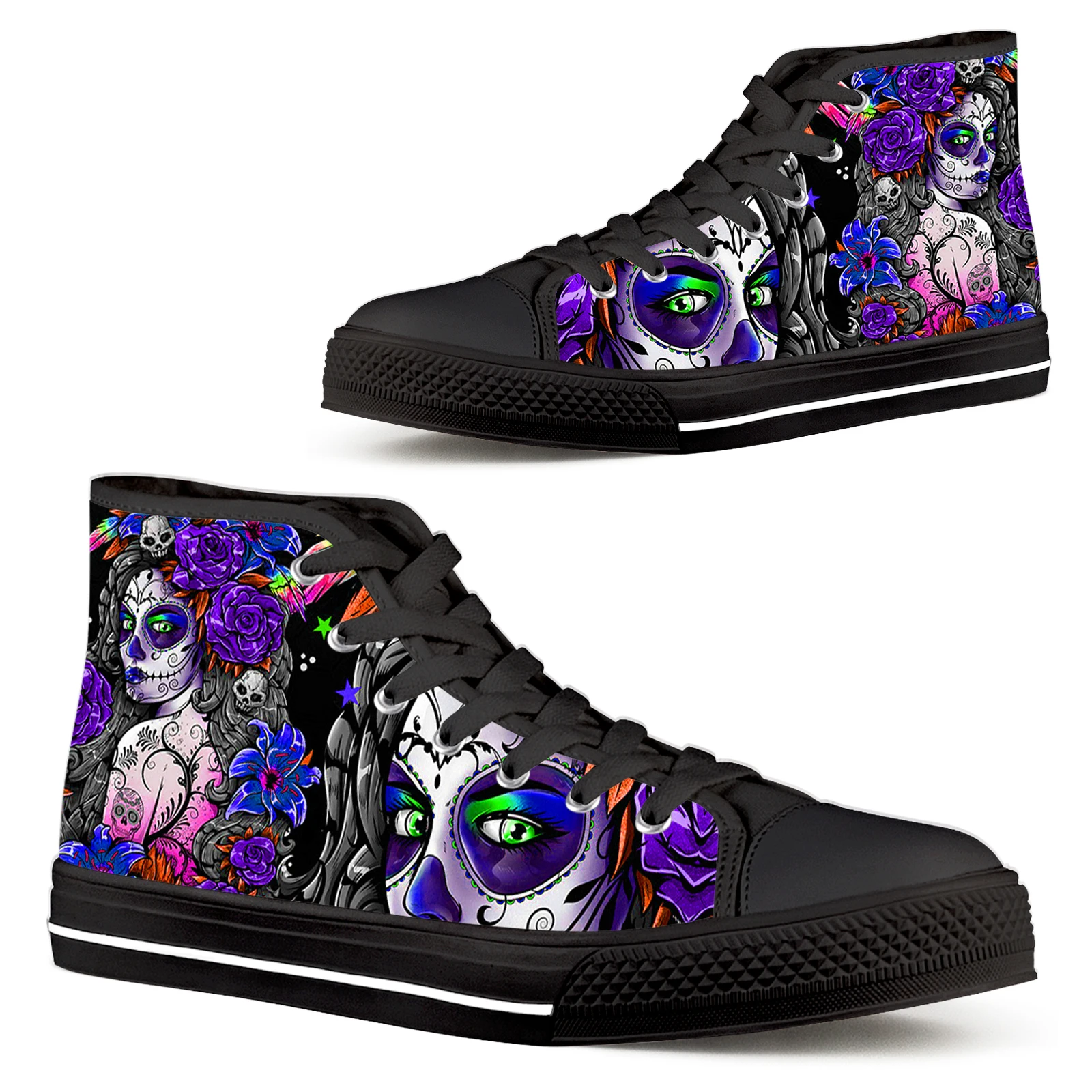 

ELVISWORDS Fashion Sneakers Women Casual Vulcanize Canvas Flats Shoes Skull Day of the Dead Gothic Ladies High Top Walking Shoes