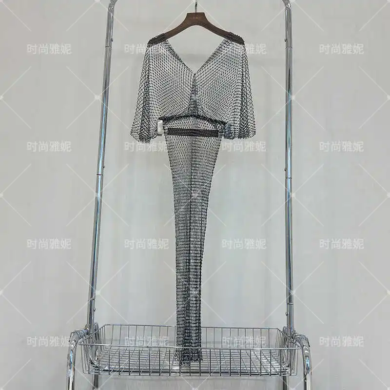 Fashion New Design Sense Unique V-neck Light Luxury Socialite Mesh Fishnet Diamond-Embedded Dress Two-Piece Set Women's Vestidos image 4