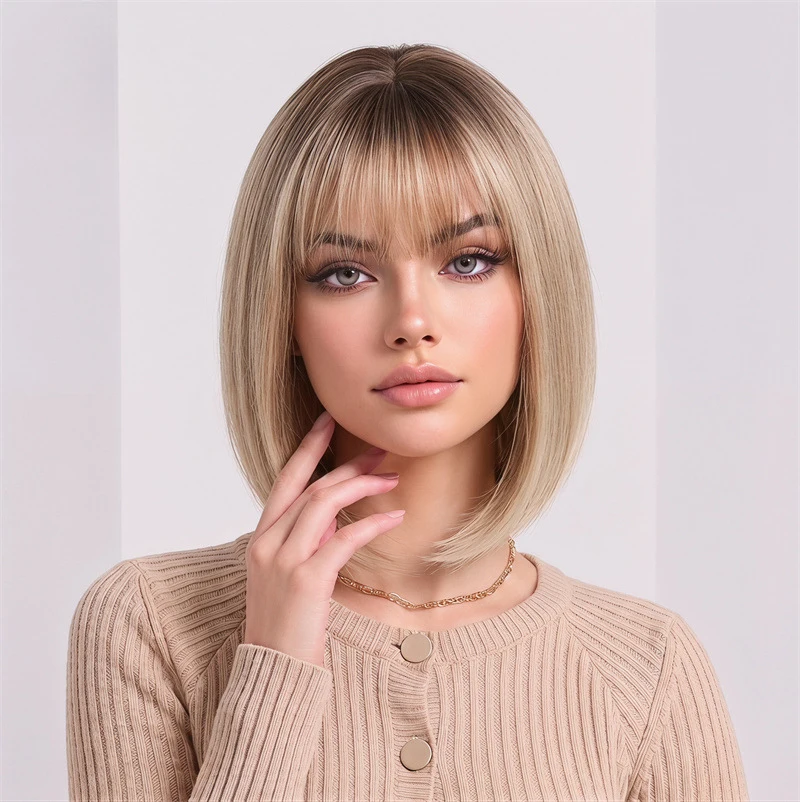 12 inch Ombre Honey Blonde Bob Wig Short Hair with Full Bangs Heat Resistant Women