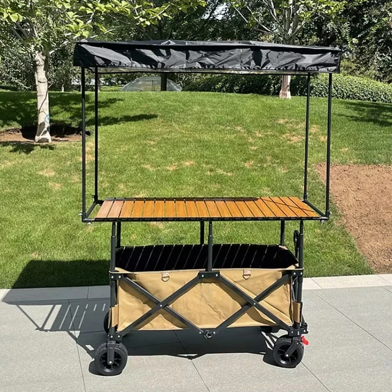 Adjustable folding snack cart stall picnic camping cart with a 120cm table and outdoor sunshade