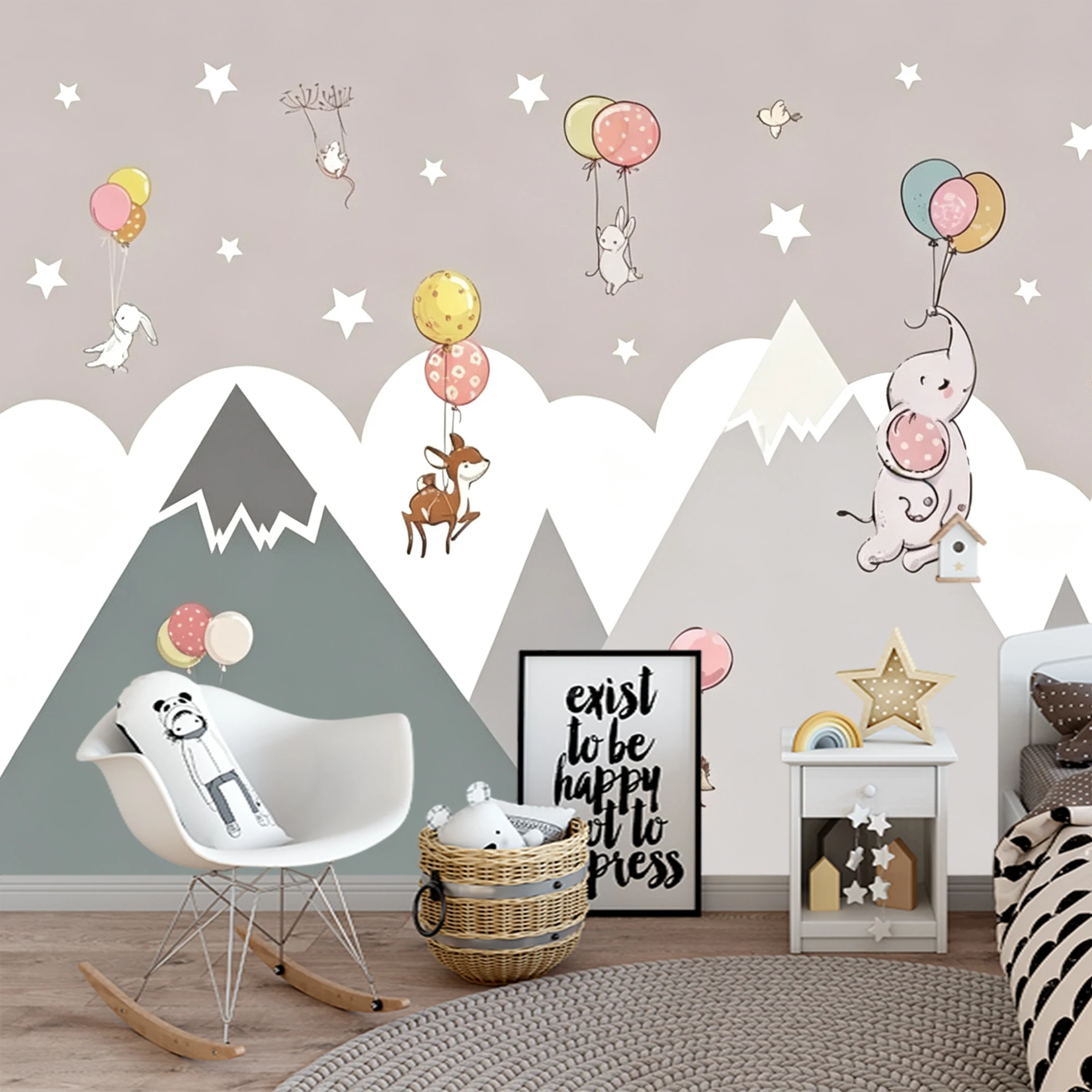 Custom Kids Wallpaper Cute Elephant Deer Fox Rabbit Balloon Mountain Star Cloud Mural for Baby Nursery Bedroom Wall Decor