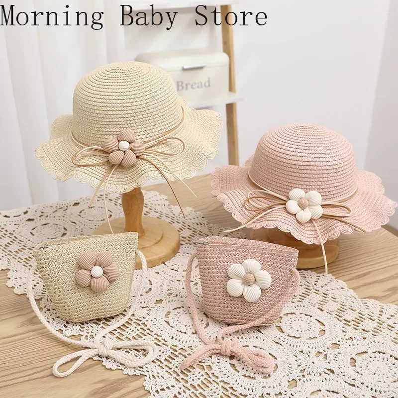 Fashion Flower Kids Girls Summer Caps Children Sunscreen Sun Hat Straw Hat Bag for Beach Baby Accessories for 2-8 Years Kids