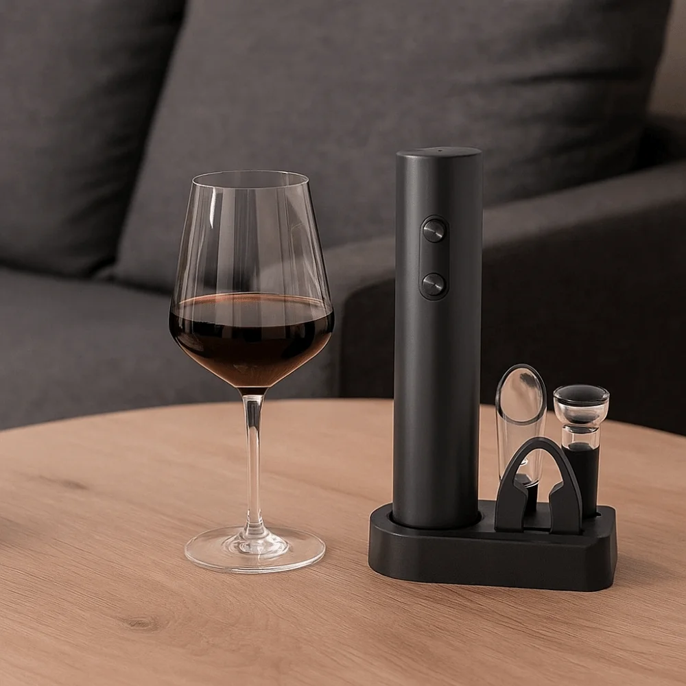 Abridor de botellas de vino eléctrico 5 en 1, funciona con pilas con Base, sacacorchos eléctrico, abridor de vino automático reutilizable, evento de boda